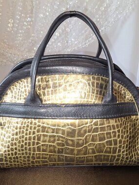 Womens Black Leather Bowling Bag with Gold Croc-Embossed Leather Removable Strap